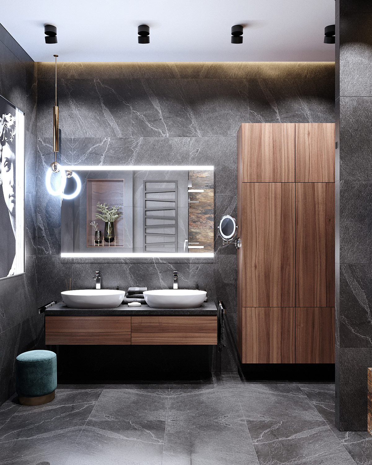 21bathroom-vanity-lights家庭浴室配有雙洗手池洗手盆。代替在任一側境浴室櫃燈，奇異迷人吊燈掛在僅一（yī）側梳妝鏡.jpg